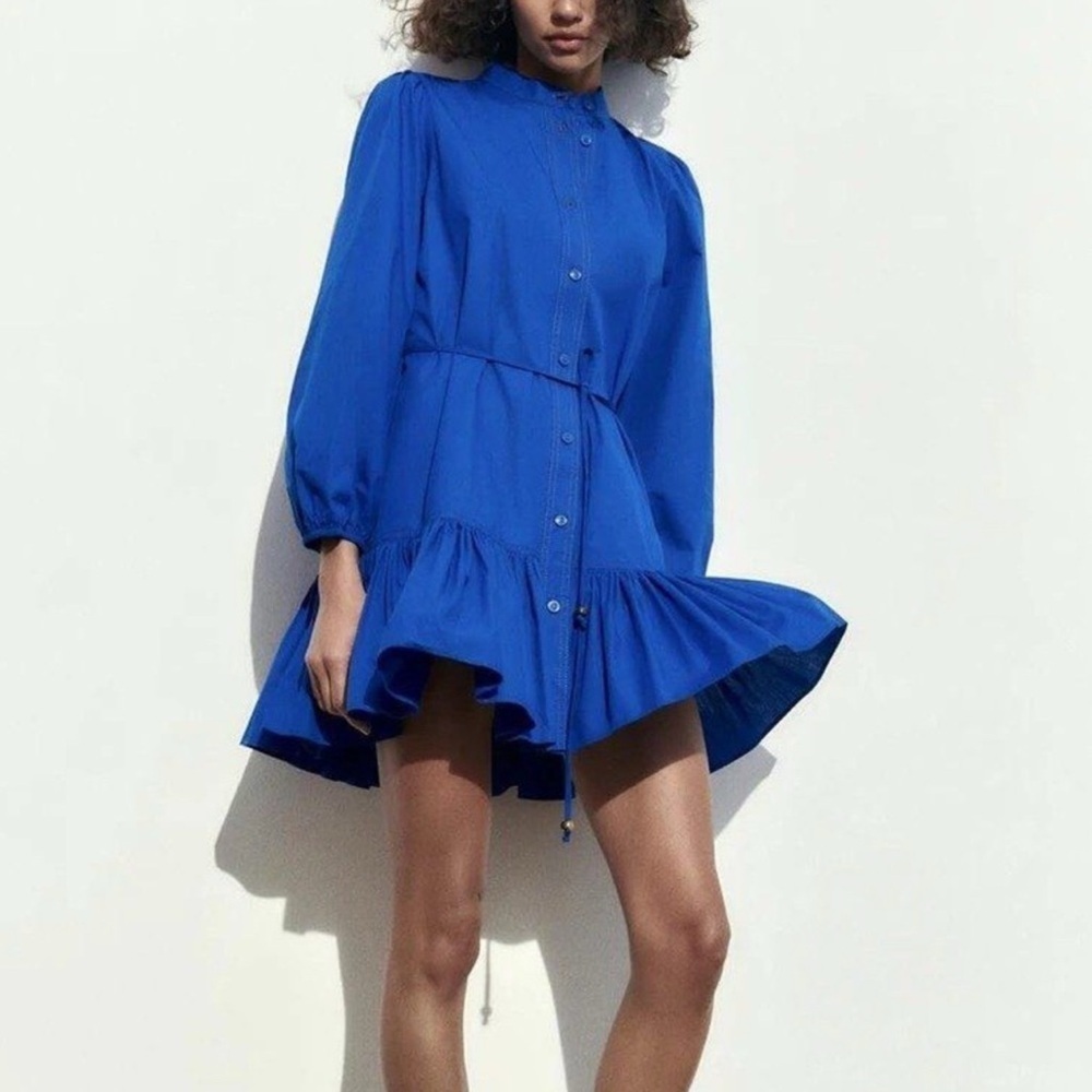 Zara Royal Blue Belted Women's Dress